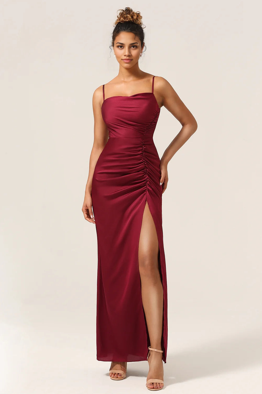 OKBBN charming tight slim shoulder strap long front slit Bridesmaid Dresses