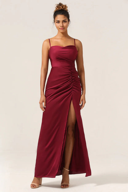 OKBBN charming tight slim shoulder strap long front slit Bridesmaid Dresses