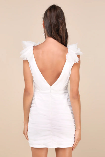 OKBBN chiffon ruffle slim fit mini transparent chiffon pleated V-neck ruffle Homecoming Dresses