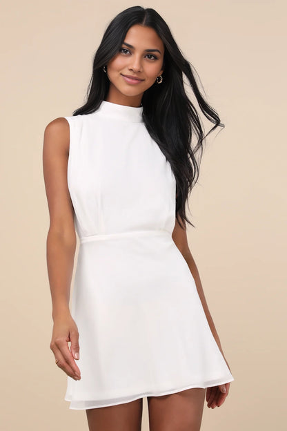 OKBBN classic and elegant chiffon sleeveless stand up collar mini Homecoming Dresses