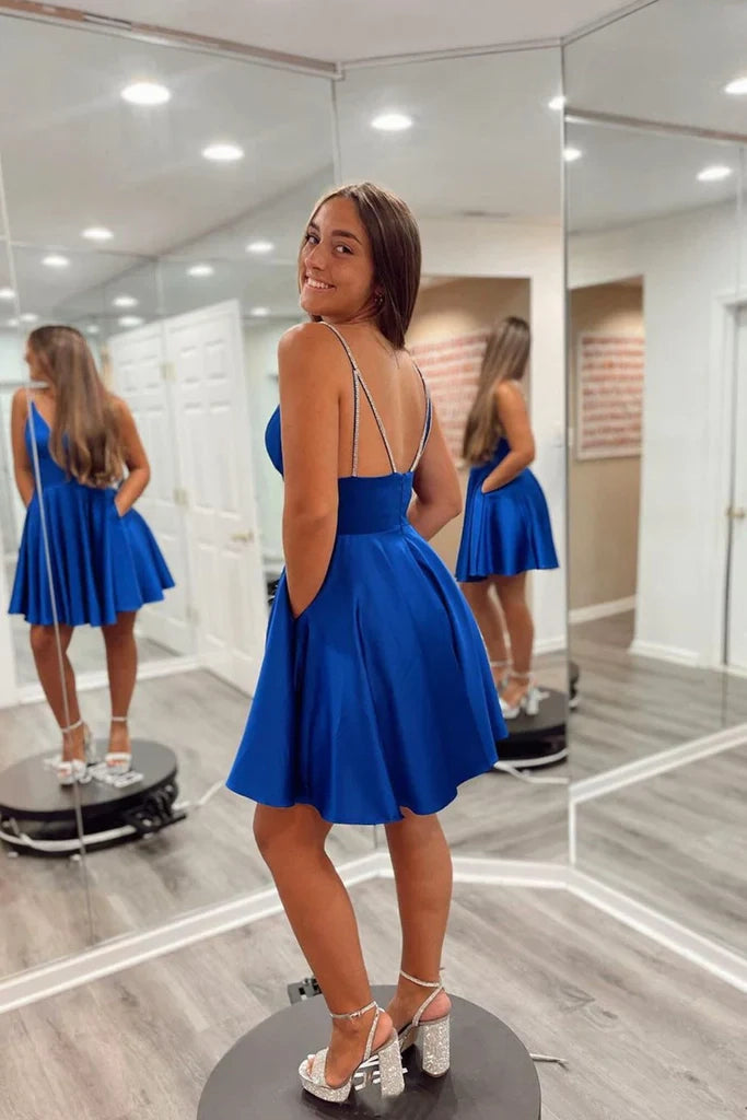 OKBBN cute sleeveless short backless V-neck thin shoulder strap Homecoming Dresses