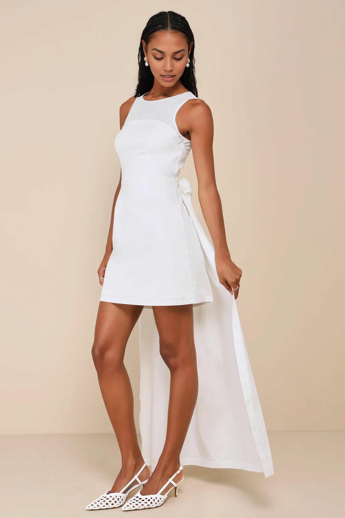 OKBBN elastic woven sleeveless tight corset with see through mesh, low cut round neck, high waist A-line Homecoming Dresses