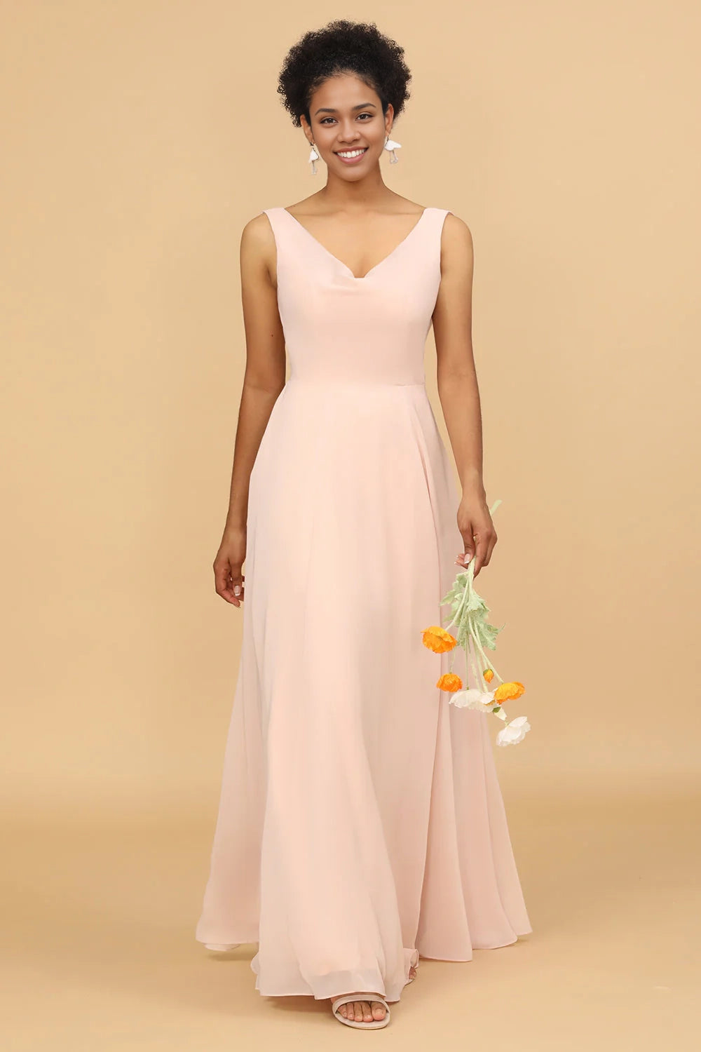 OKBBN elegant A-line V-neck chiffon long Bridesmaid Dresses