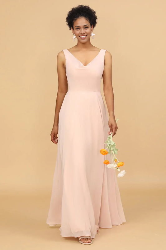 OKBBN elegant A-line V-neck chiffon long Bridesmaid Dresses