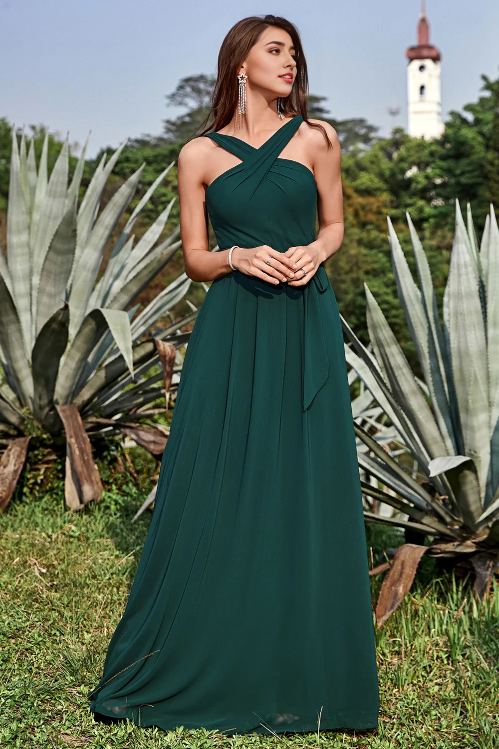 OKBBN elegant A-line backless and ground pine chiffon Bridesmaid Dresses