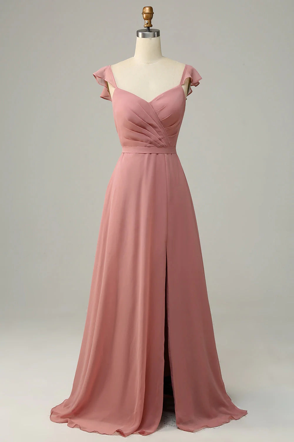 OKBBN elegant A-line lotus leaf edge length chiffon slit Bridesmaid Dresses