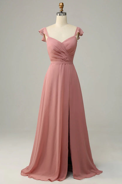 OKBBN elegant A-line lotus leaf edge length chiffon slit Bridesmaid Dresses