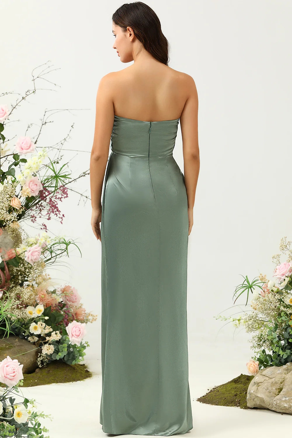 OKBBN elegant A-line off shoulder pleated satin slit Bridesmaid Dresses