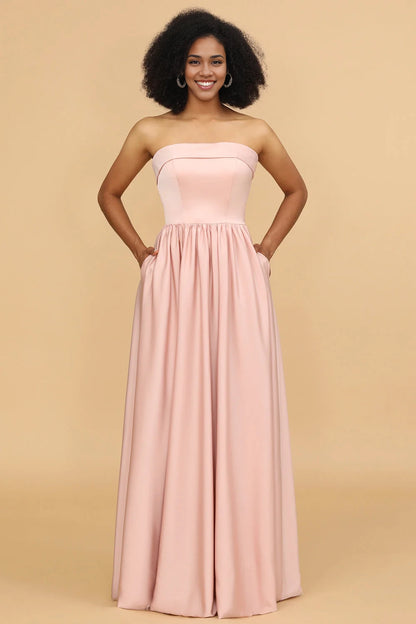 OKBBN elegant A-line off shoulder satin floor mopping Bridesmaid Dresses