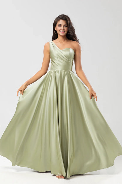 OKBBN elegant A-line single shoulder pleated satin Bridesmaid Dresses