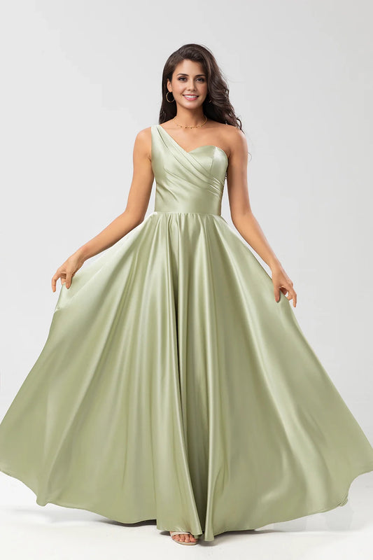 OKBBN elegant A-line single shoulder pleated satin Bridesmaid Dresses