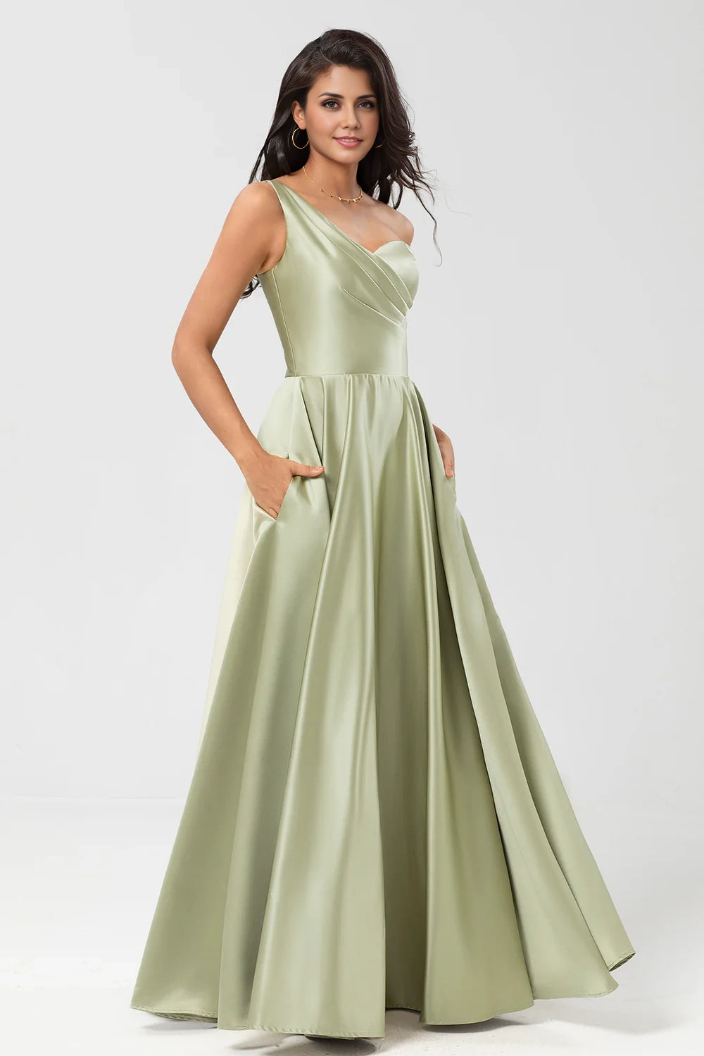 OKBBN elegant A-line single shoulder pleated satin Bridesmaid Dresses
