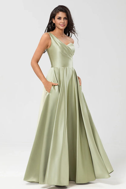 OKBBN elegant A-line single shoulder pleated satin Bridesmaid Dresses