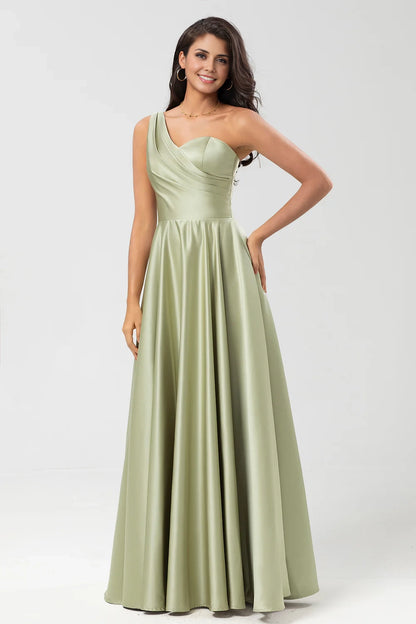 OKBBN elegant A-line single shoulder pleated satin Bridesmaid Dresses
