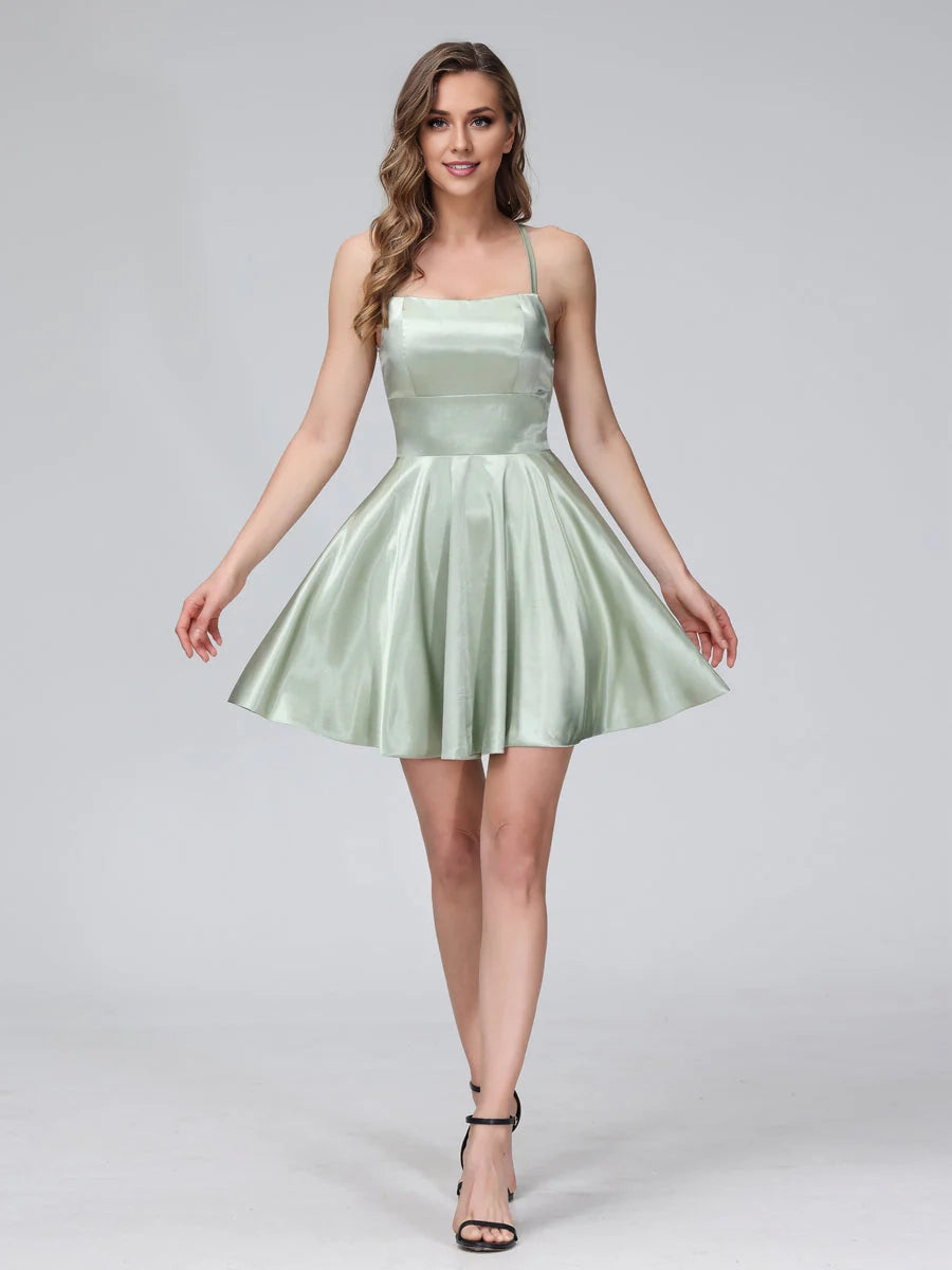 OKBBN elegant A-line sleeveless backless thin shoulder strap short Homecoming Dresses