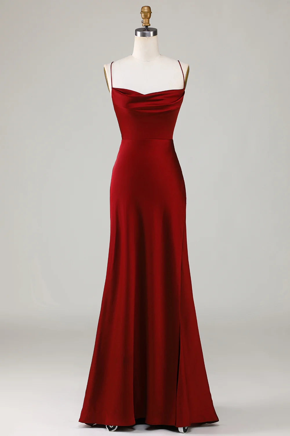 OKBBN elegant A-line slim shoulder strap sleeveless satin slit long Bridesmaid Dresses
