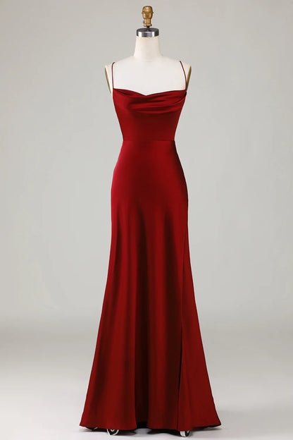 OKBBN elegant A-line slim shoulder strap sleeveless satin slit long Bridesmaid Dresses