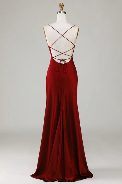 OKBBN elegant A-line slim shoulder strap sleeveless satin slit long Bridesmaid Dresses