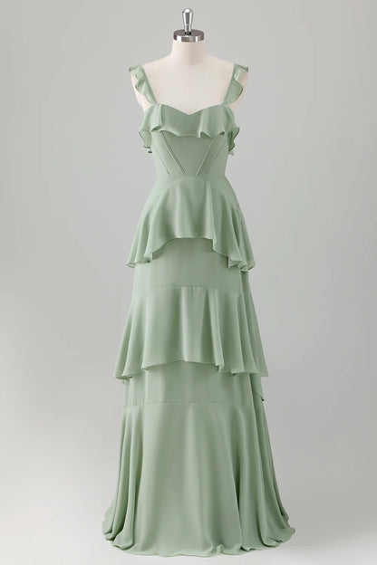 OKBBN elegant A-line square neck chiffon layered long Bridesmaid Dresses