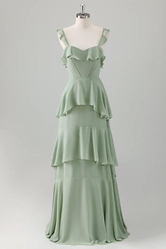 OKBBN elegant A-line square neck chiffon layered long Bridesmaid Dresses
