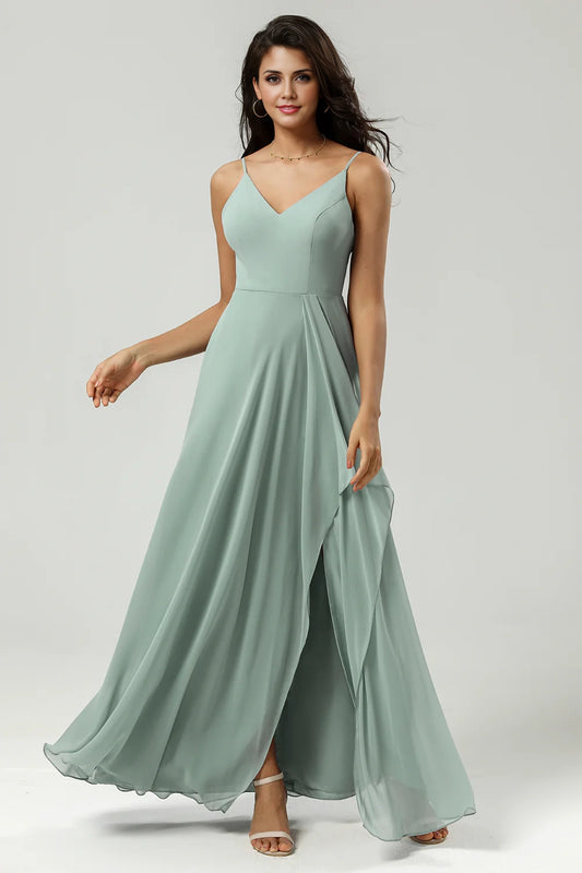 OKBBN elegant A-line thin shoulder strap V-neck and floor chiffon slit Bridesmaid Dresses