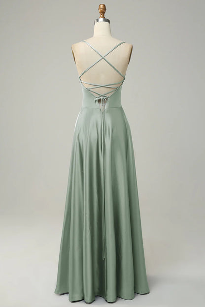 OKBBN elegant A-line thin shoulder strap backless satin Bridesmaid Dresses