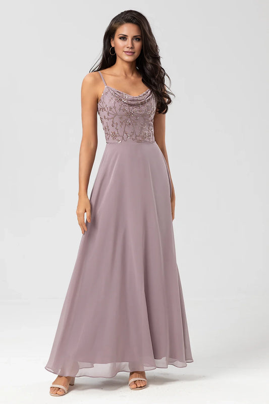 OKBBN elegant A-line thin shoulder strap chiffon bead decoration Bridesmaid Dresses