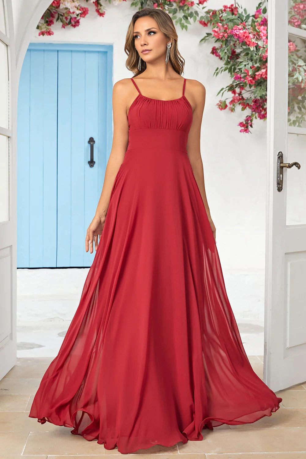 OKBBN elegant A-line thin shoulder strap chiffon long Bridesmaid Dresses