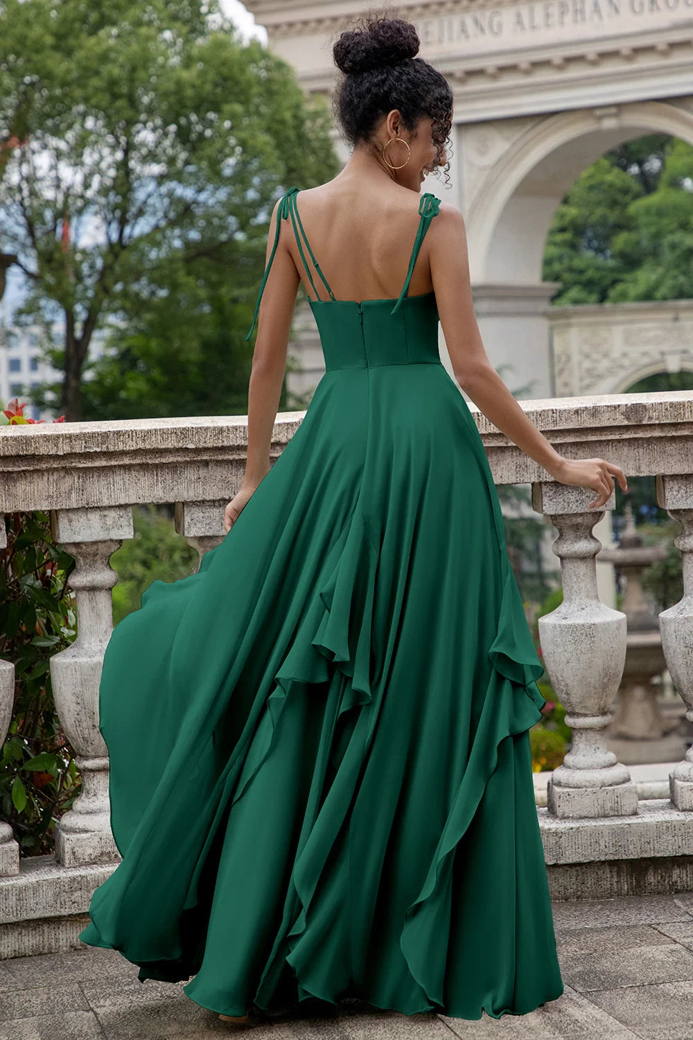 OKBBN elegant A-line thin shoulder strap chiffon long asymmetric ruffled Bridesmaid Dresses