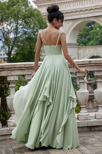 OKBBN elegant A-line thin shoulder strap chiffon long ruffled Bridesmaid Dresses