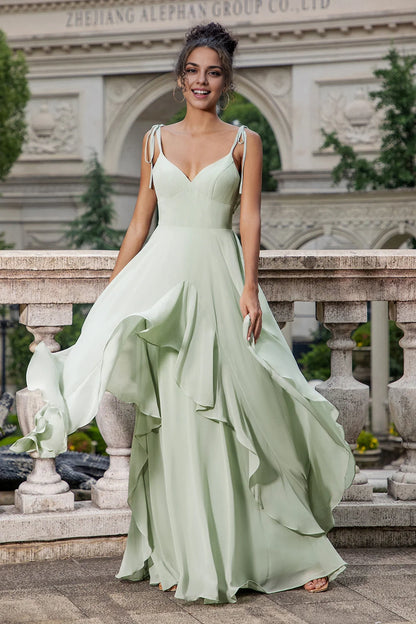 OKBBN elegant A-line thin shoulder strap chiffon long ruffled Bridesmaid Dresses