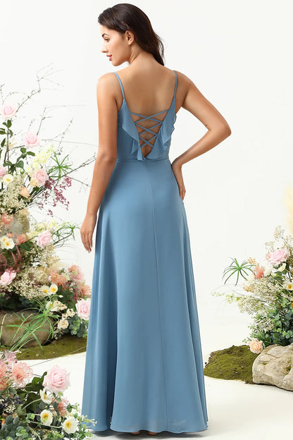 OKBBN elegant A-line thin shoulder strap chiffon ruffled edges Bridesmaid Dresses