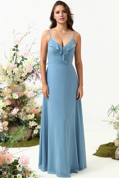 OKBBN elegant A-line thin shoulder strap chiffon ruffled edges Bridesmaid Dresses