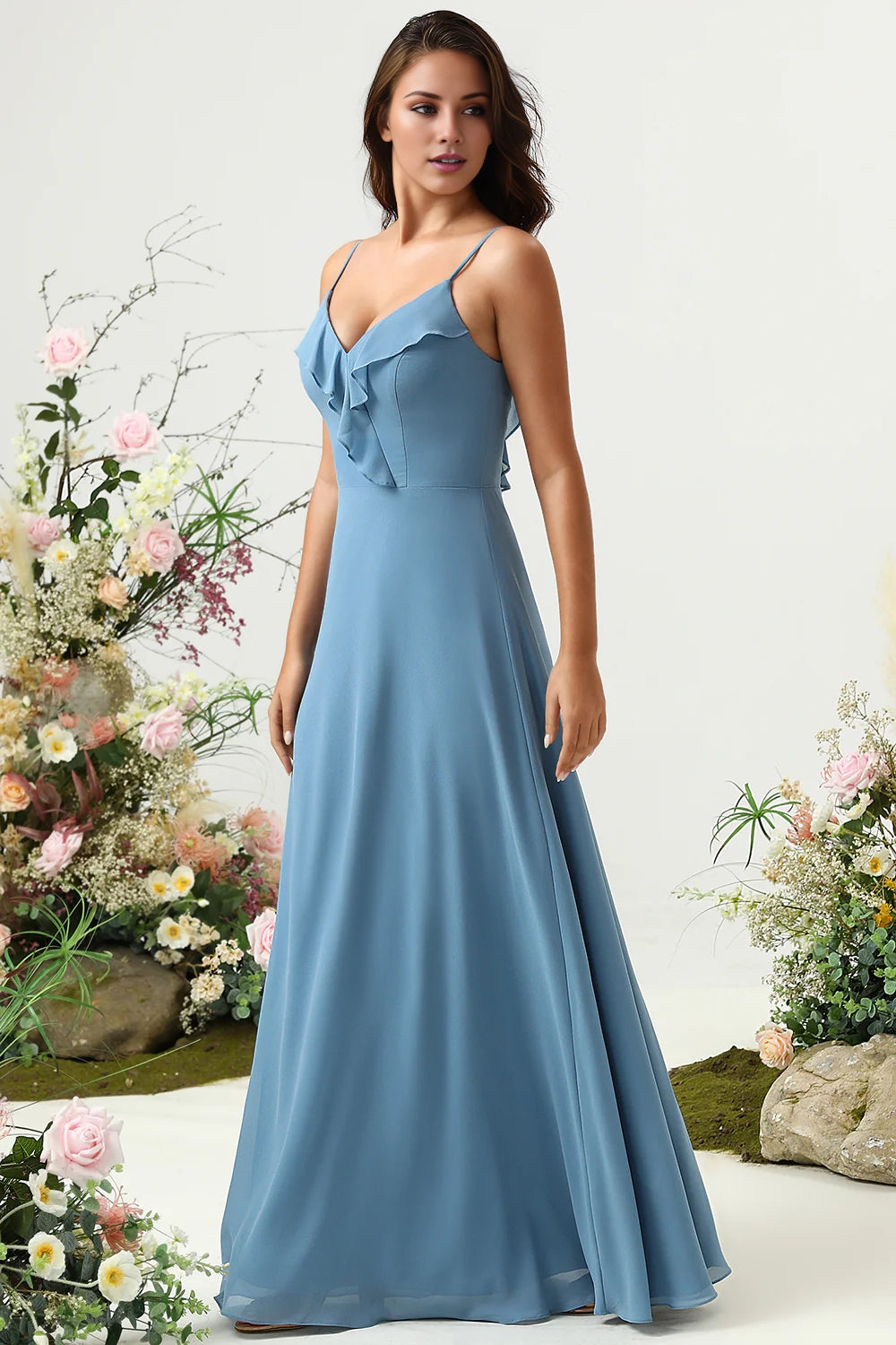 OKBBN elegant A-line thin shoulder strap chiffon ruffled edges Bridesmaid Dresses