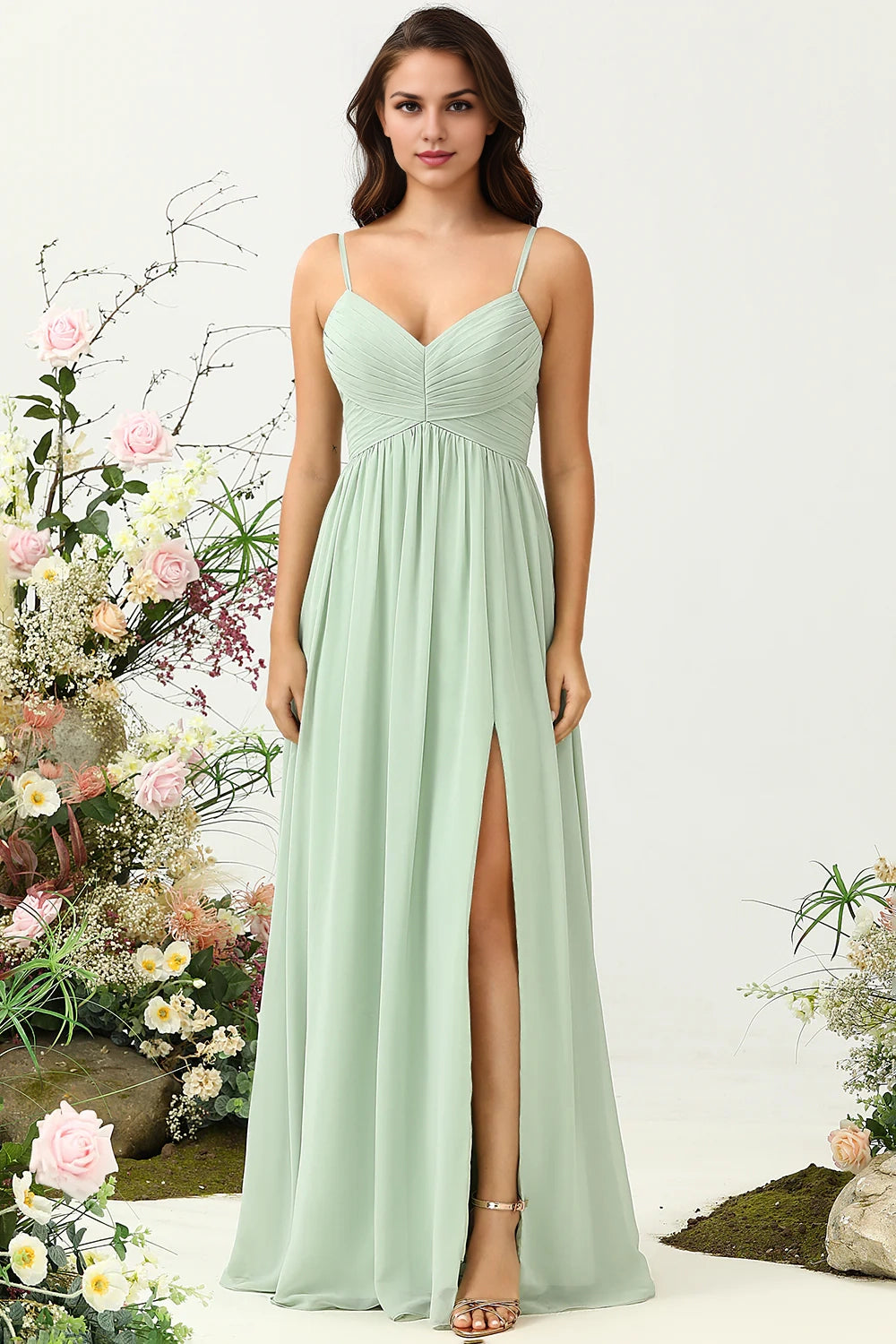 OKBBN elegant A-line thin shoulder strap pleated long chiffon slit Bridesmaid Dresses