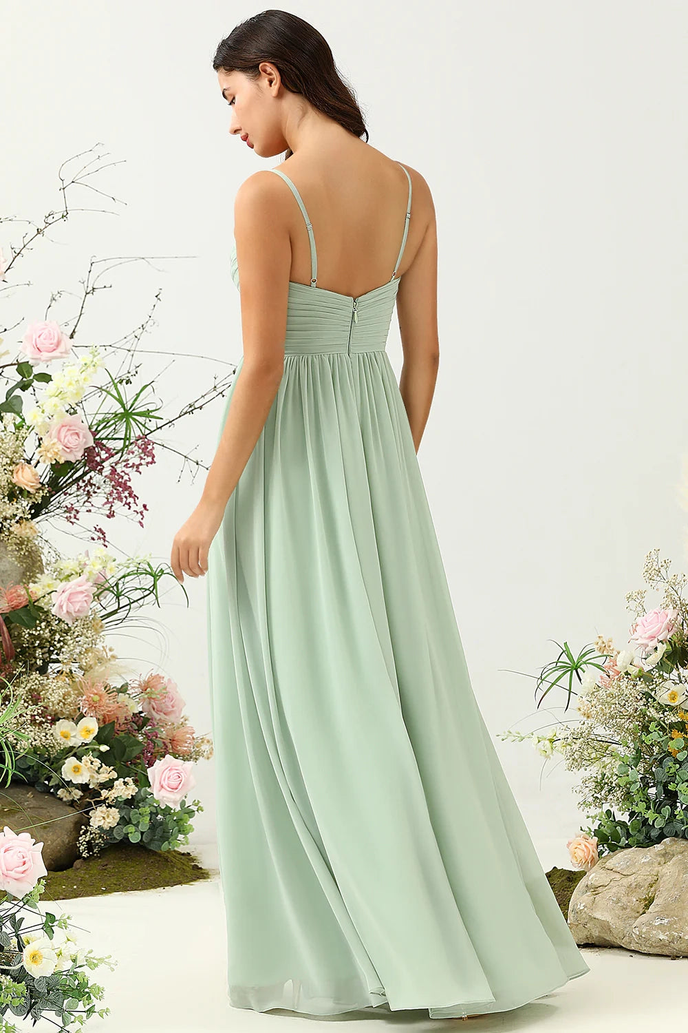 OKBBN elegant A-line thin shoulder strap pleated long chiffon slit Bridesmaid Dresses