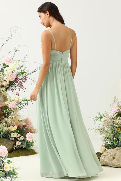 OKBBN elegant A-line thin shoulder strap pleated long chiffon slit Bridesmaid Dresses