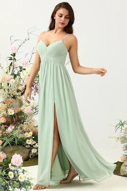 OKBBN elegant A-line thin shoulder strap pleated long chiffon slit Bridesmaid Dresses