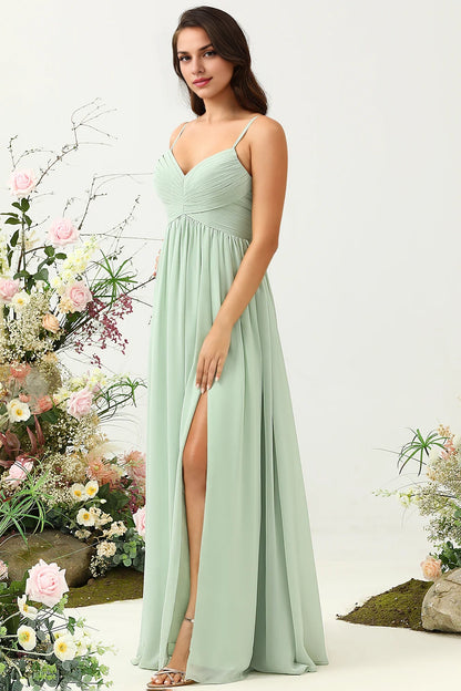 OKBBN elegant A-line thin shoulder strap pleated long chiffon slit Bridesmaid Dresses