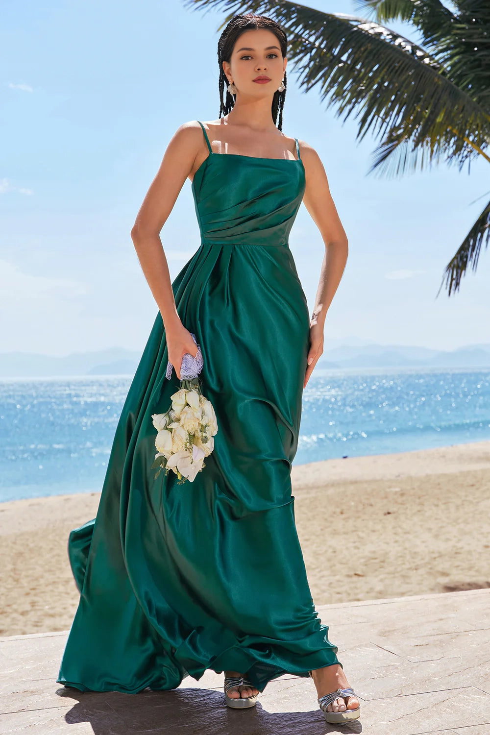 OKBBN elegant A-line thin shoulder strap pleated satin long Bridesmaid Dresses