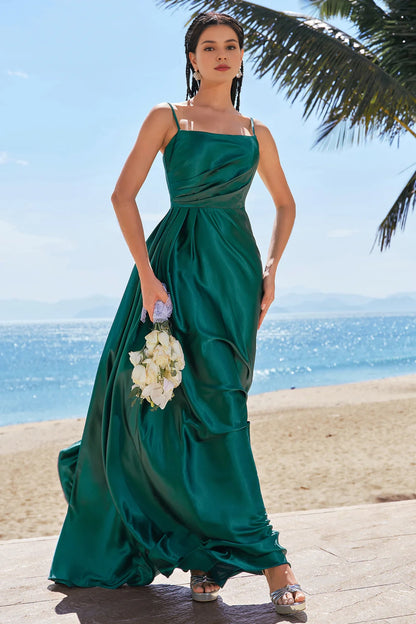 OKBBN elegant A-line thin shoulder strap pleated satin long Bridesmaid Dresses