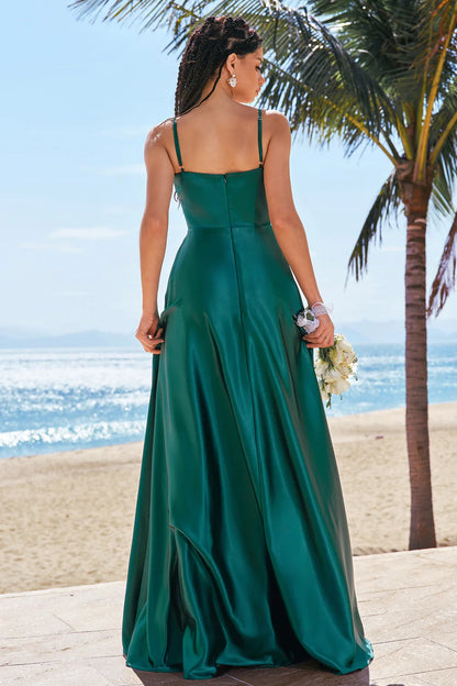 OKBBN elegant A-line thin shoulder strap pleated satin long Bridesmaid Dresses
