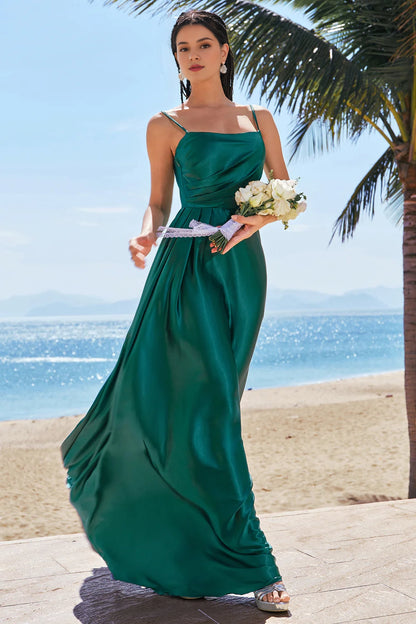 OKBBN elegant A-line thin shoulder strap pleated satin long Bridesmaid Dresses