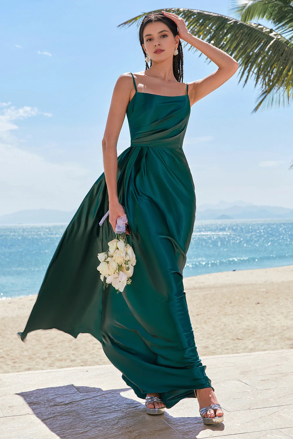 OKBBN elegant A-line thin shoulder strap pleated satin long Bridesmaid Dresses