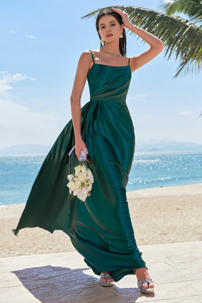 OKBBN elegant A-line thin shoulder strap pleated satin long Bridesmaid Dresses