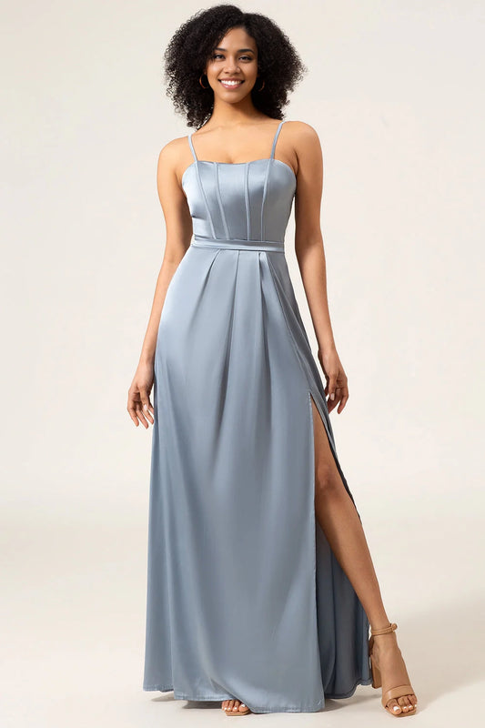 OKBBN elegant A-line thin shoulder strap satin long Bridesmaid Dresses
