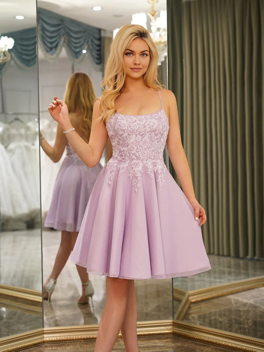 OKBBN elegant A-line thin shoulder strap sleeveless decal short Homecoming Dresses