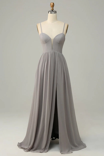 OKBBN elegant A-line thin shoulder strap slit long Bridesmaid Dresses