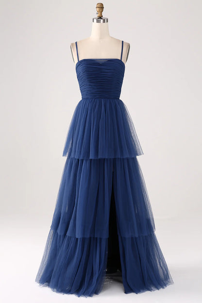 OKBBN elegant A-line thin shoulder straps with sheer folds and floor slits Bridesmaid Dresses