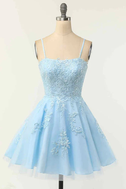 OKBBN elegant A-line thin shoulder strap with lace up back decal mini Homecoming Dresses